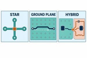 Engineering comparison of star, continuous ground plane, and hybrid PCB return topologies
