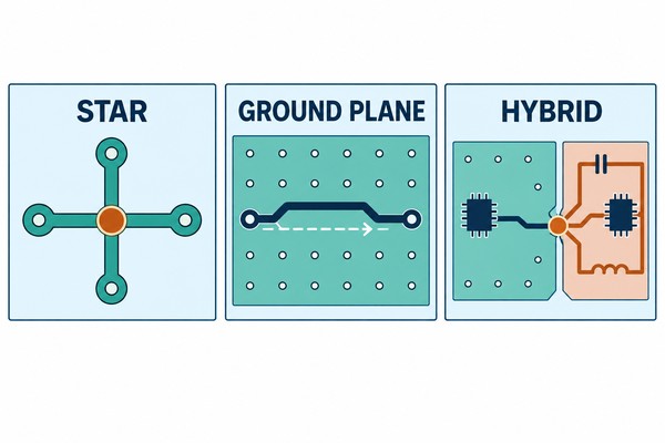 Engineering comparison of star, continuous ground plane, and hybrid PCB return topologies