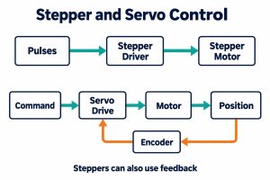 Open-loop stepper command path and encoder feedback loop in a servo system