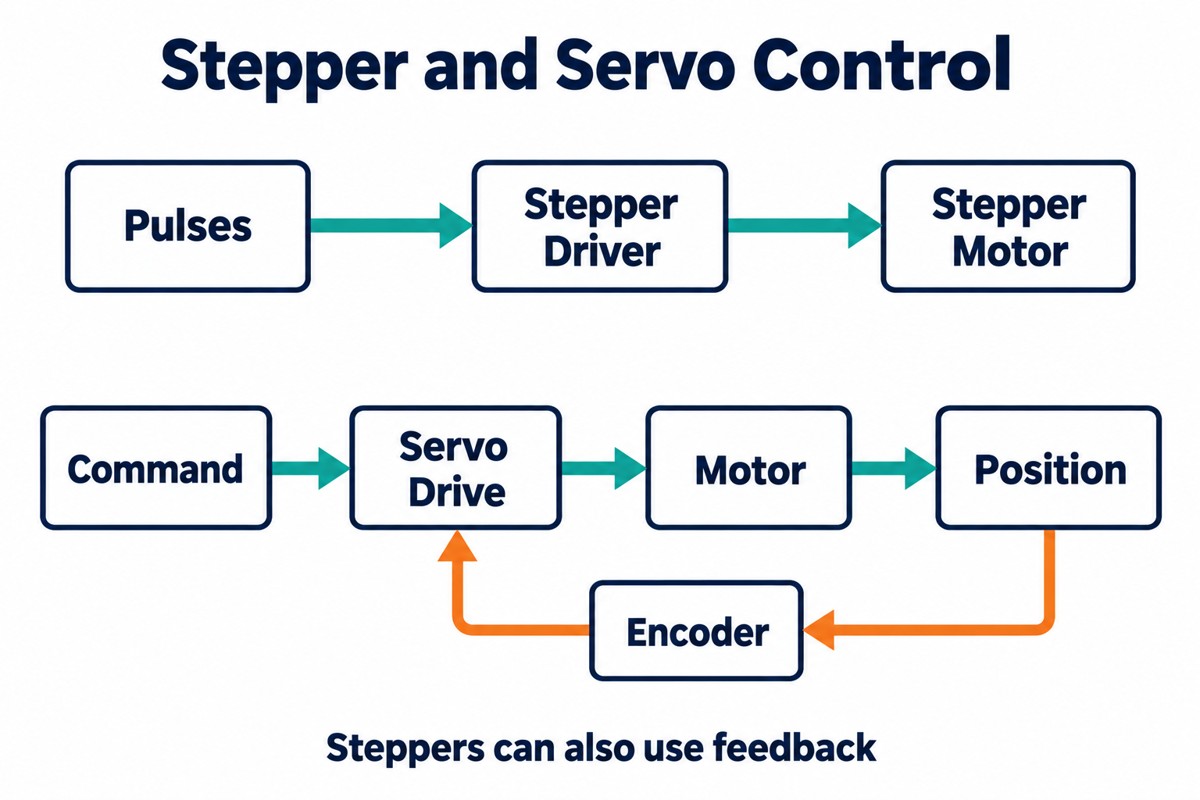 Open-loop stepper command path and encoder feedback loop in a servo system