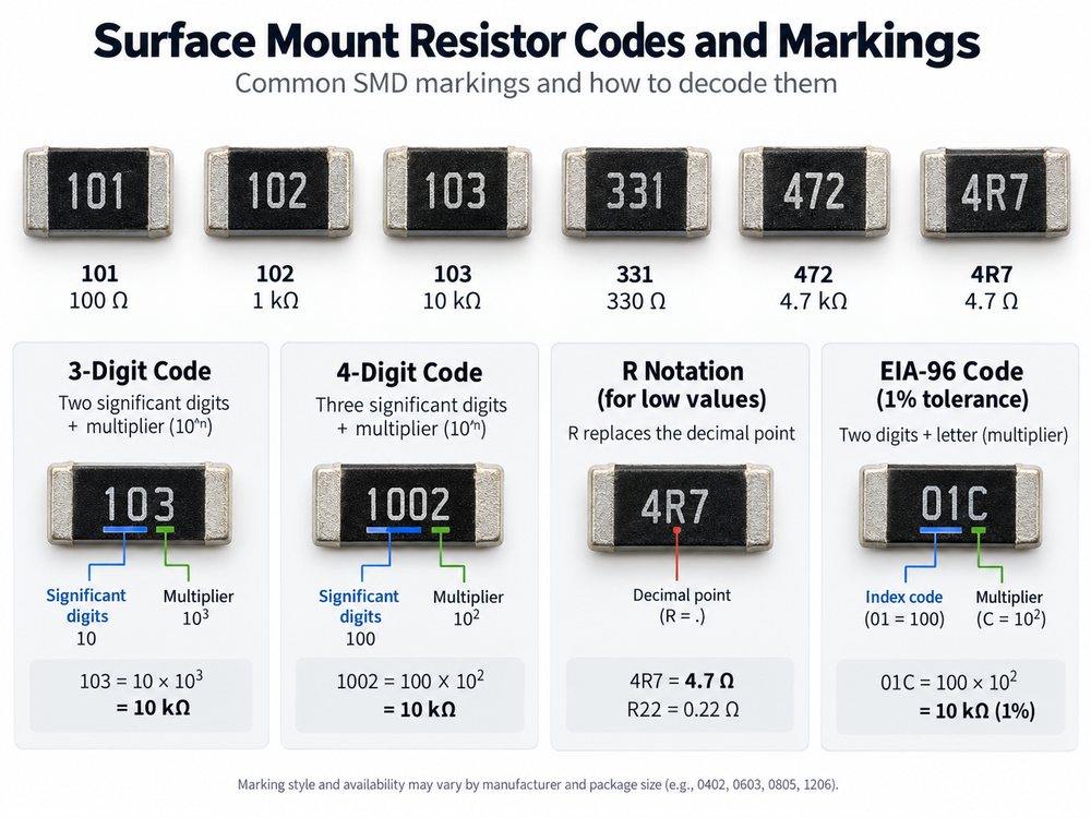 Surface mount resistor codes and markings showing 3-digit, 4-digit, R notation and EIA-96 examples