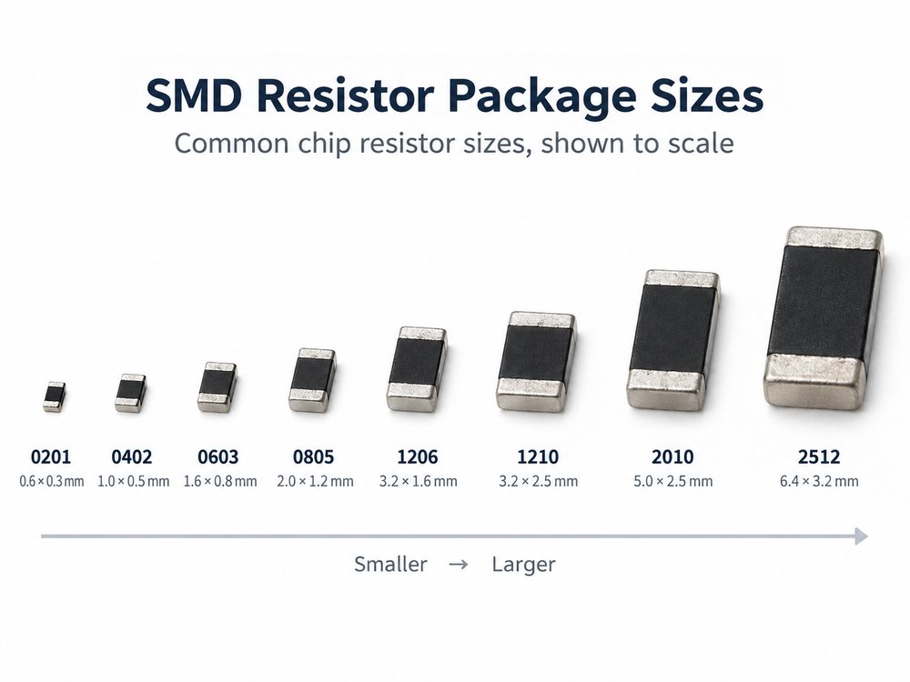 Surface mount resistor size comparison from 0201 to 2512 packages