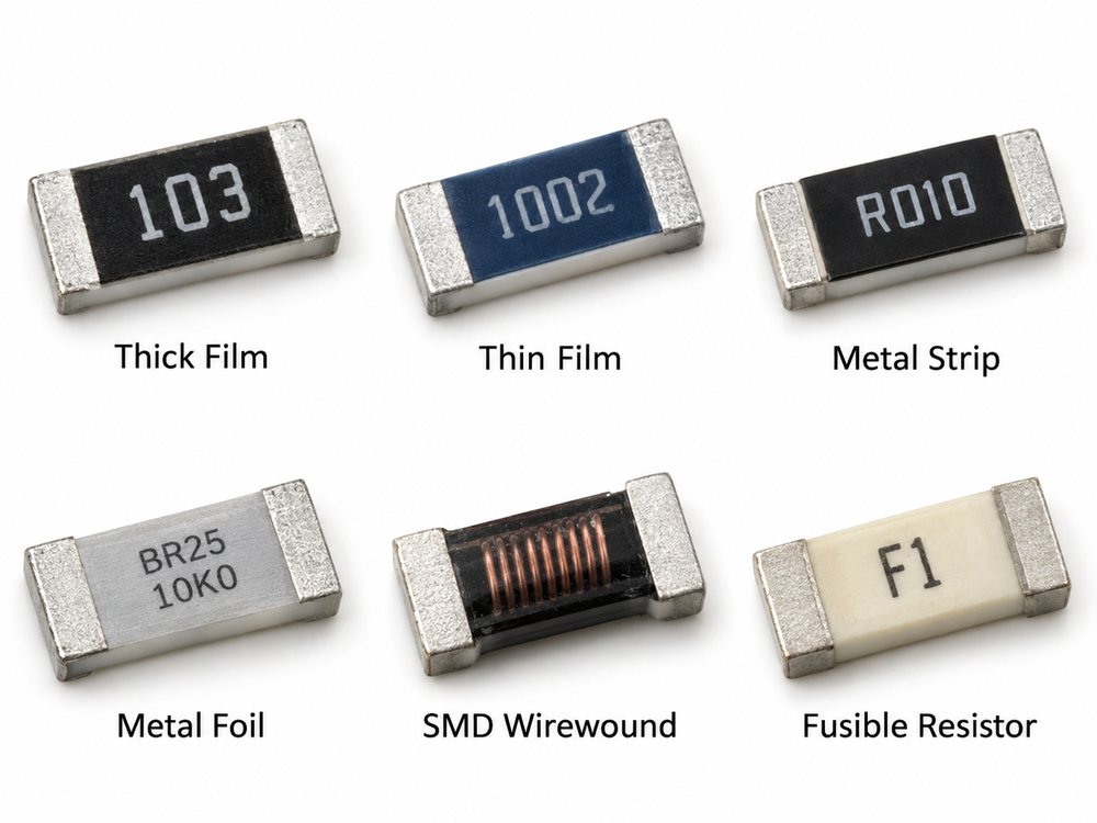Comparison of thick film, thin film, metal strip, metal foil, wirewound and fusible surface mount resistor types