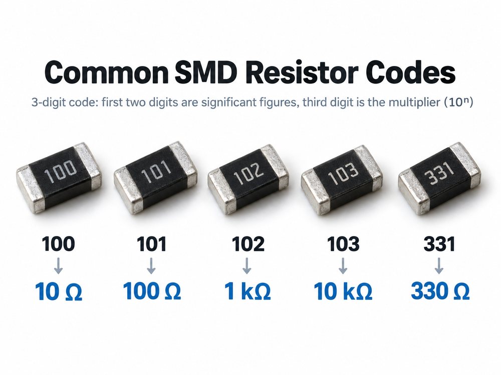 Common SMD resistor code values including 100, 101, 102, 103 and 331