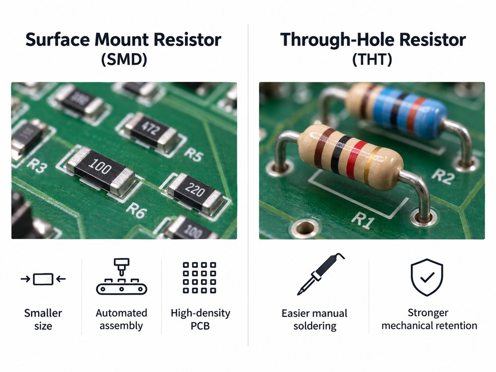 Surface mount resistor versus through-hole resistor comparison on printed circuit boards