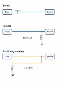 Transmission line termination techniques, resistor placement at the source and receiver with an unwanted long branch for comparison.