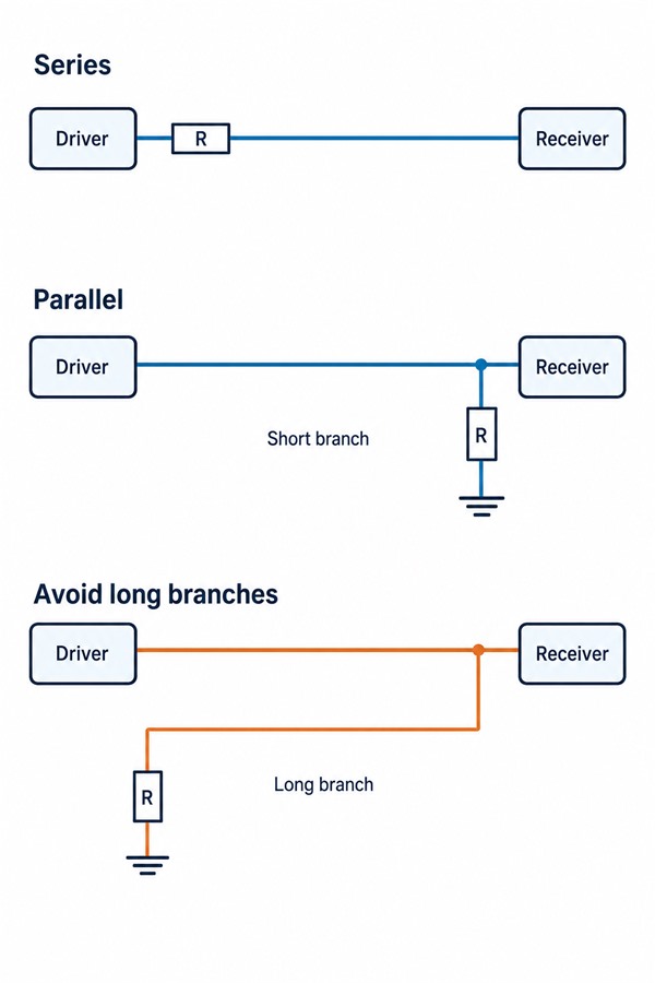 Transmission line termination techniques, resistor placement at the source and receiver with an unwanted long branch for comparison.