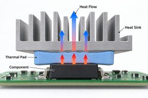 Heat flow from a PCB component through a thermal pad into a heat sink