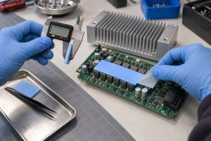 Technician measuring and installing a thermal pad on PCB power components