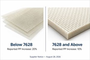 Reported August 2026 prepreg price adjustments for glass cloth below 7628 and 7628 or above