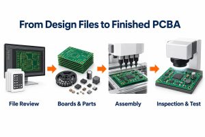 Turnkey PCB assembly workflow from file review through boards and parts, assembly, inspection and test