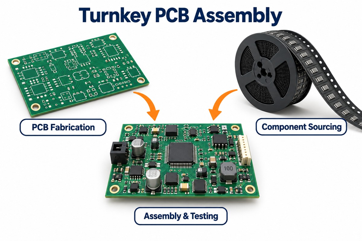 Turnkey PCB assembly combining PCB fabrication, component sourcing, assembly and testing