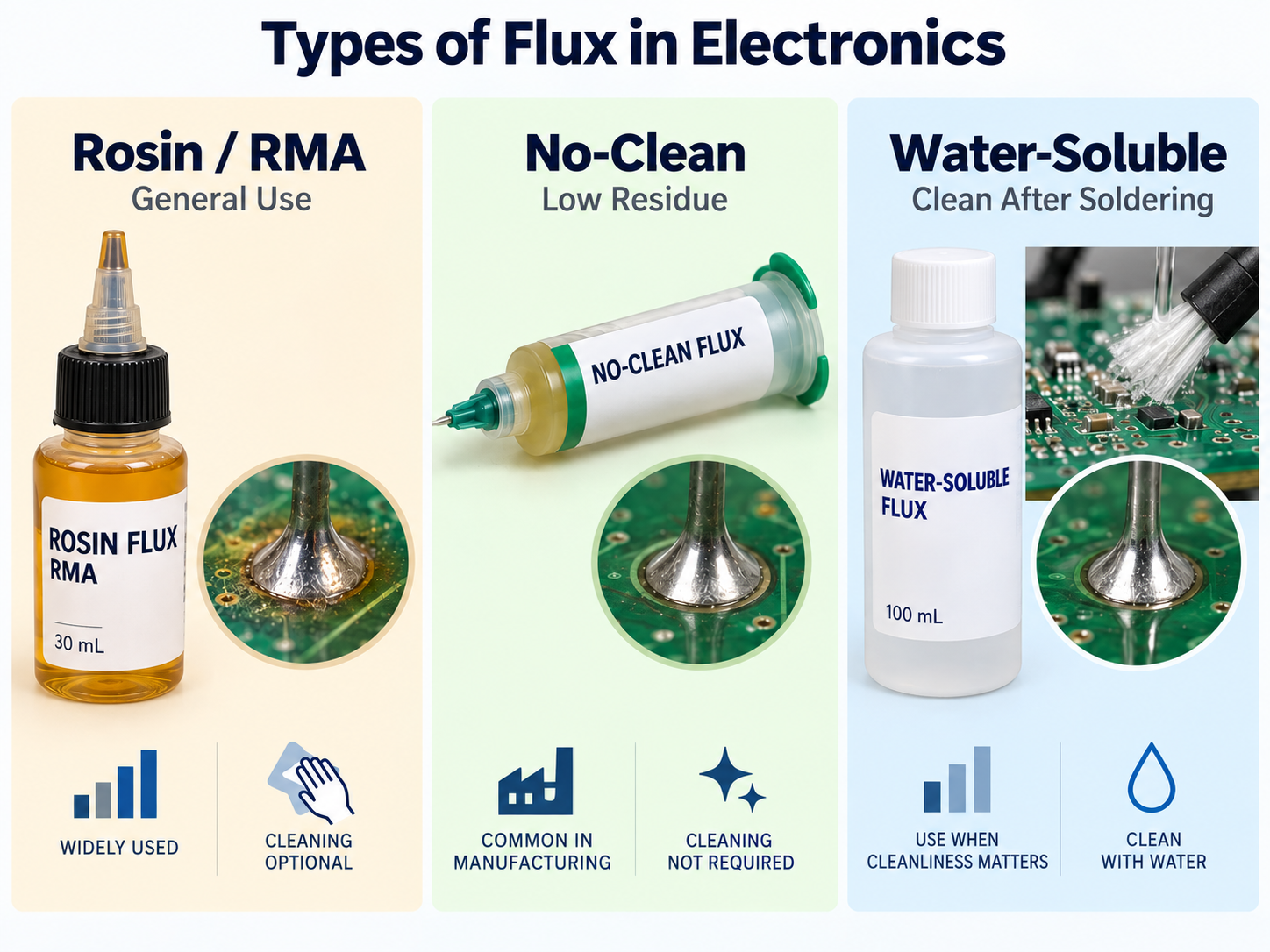 Types of Flux in Electronics Rosin RMA, no-clean, and water-soluble flux types used in electronics soldering