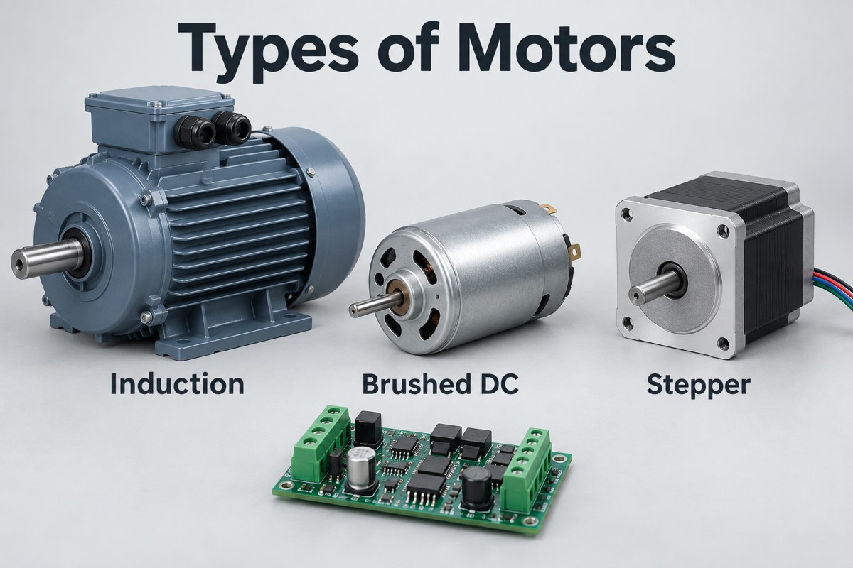 Induction, brushed DC and stepper motors with a motor driver PCB