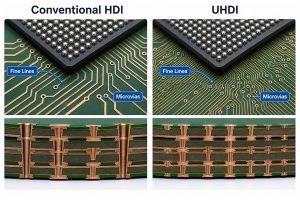 Comparison of conventional HDI and UHDI PCB trace and microvia geometry