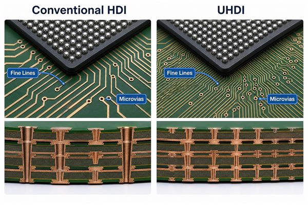 Comparison of conventional HDI and UHDI PCB trace and microvia geometry