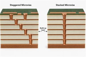 UHDI PCB stackup showing staggered and stacked laser microvias