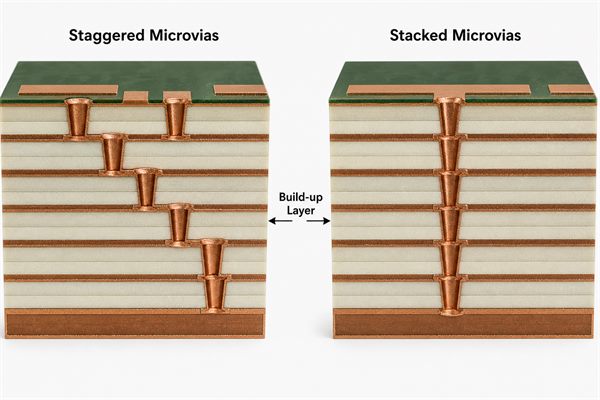 UHDI PCB stackup showing staggered and stacked laser microvias