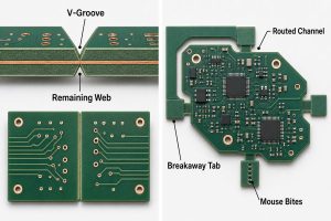 Cross-section and top-view comparison of a V-groove line and routed breakaway tabs on PCB panels
