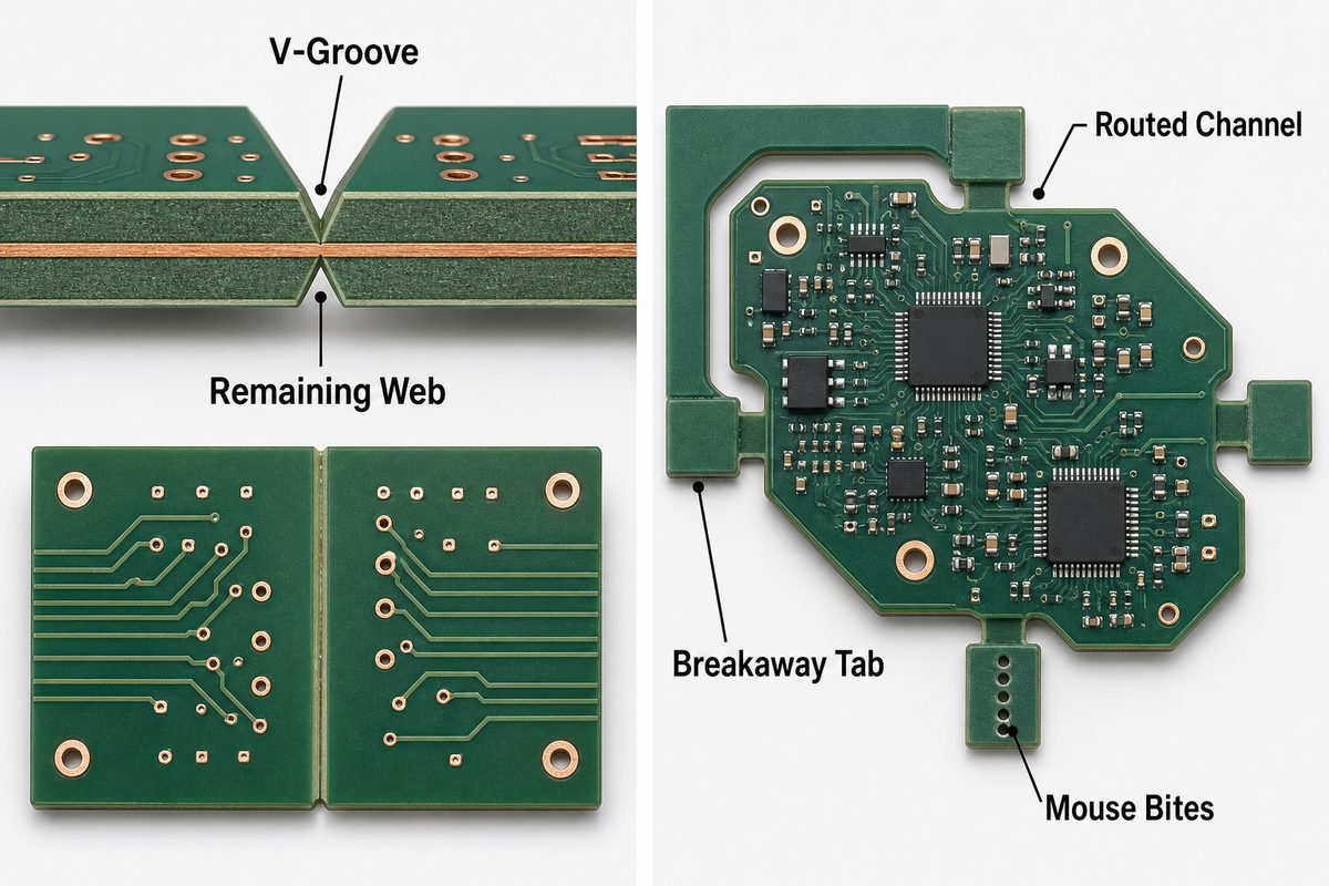 Cross-section and top-view comparison of a V-groove line and routed breakaway tabs on PCB panels