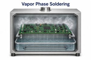 Vapor phase soldering, conceptual chamber cutaway with a populated PCB on a carrier above heat-transfer fluid and condensate returning to the reservoir