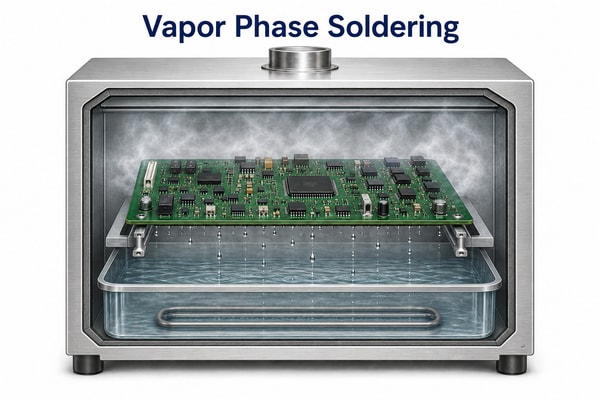Vapor phase soldering, conceptual chamber cutaway with a populated PCB on a carrier above heat-transfer fluid and condensate returning to the reservoir