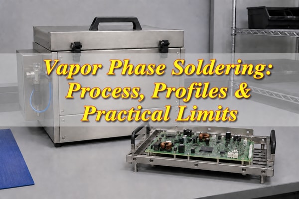 Vapor phase soldering, illustrative laboratory reflow equipment and a populated PCB carrier with the article title