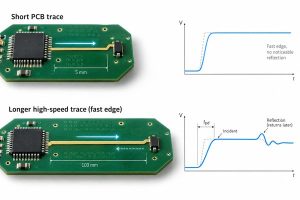 Short PCB trace and longer high-speed trace showing propagation delay and reflection