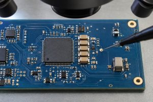 inductor vs capacitor, probe checking decoupling capacitors beside a microcontroller on a blue PCB