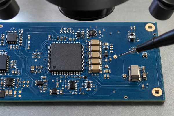 inductor vs capacitor, probe checking decoupling capacitors beside a microcontroller on a blue PCB