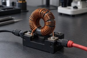 inductor vs capacitor, copper-wound toroidal inductor secured in an electronics test fixture