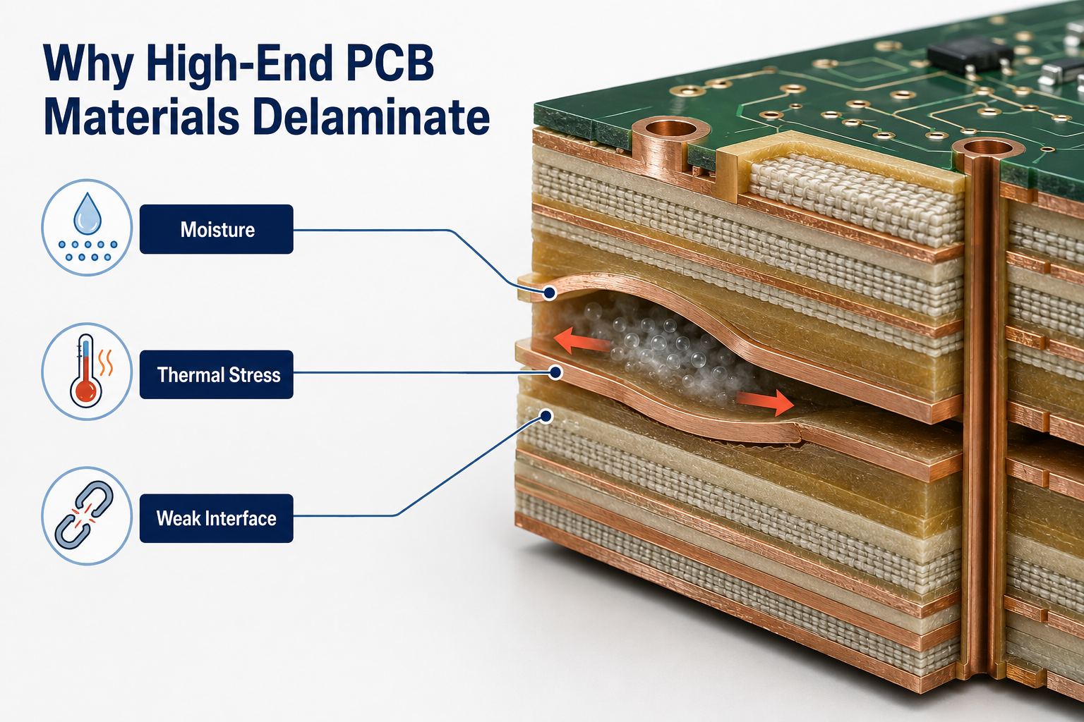 High-end multilayer PCB cross section showing moisture, thermal stress, and a weak interface causing delamination