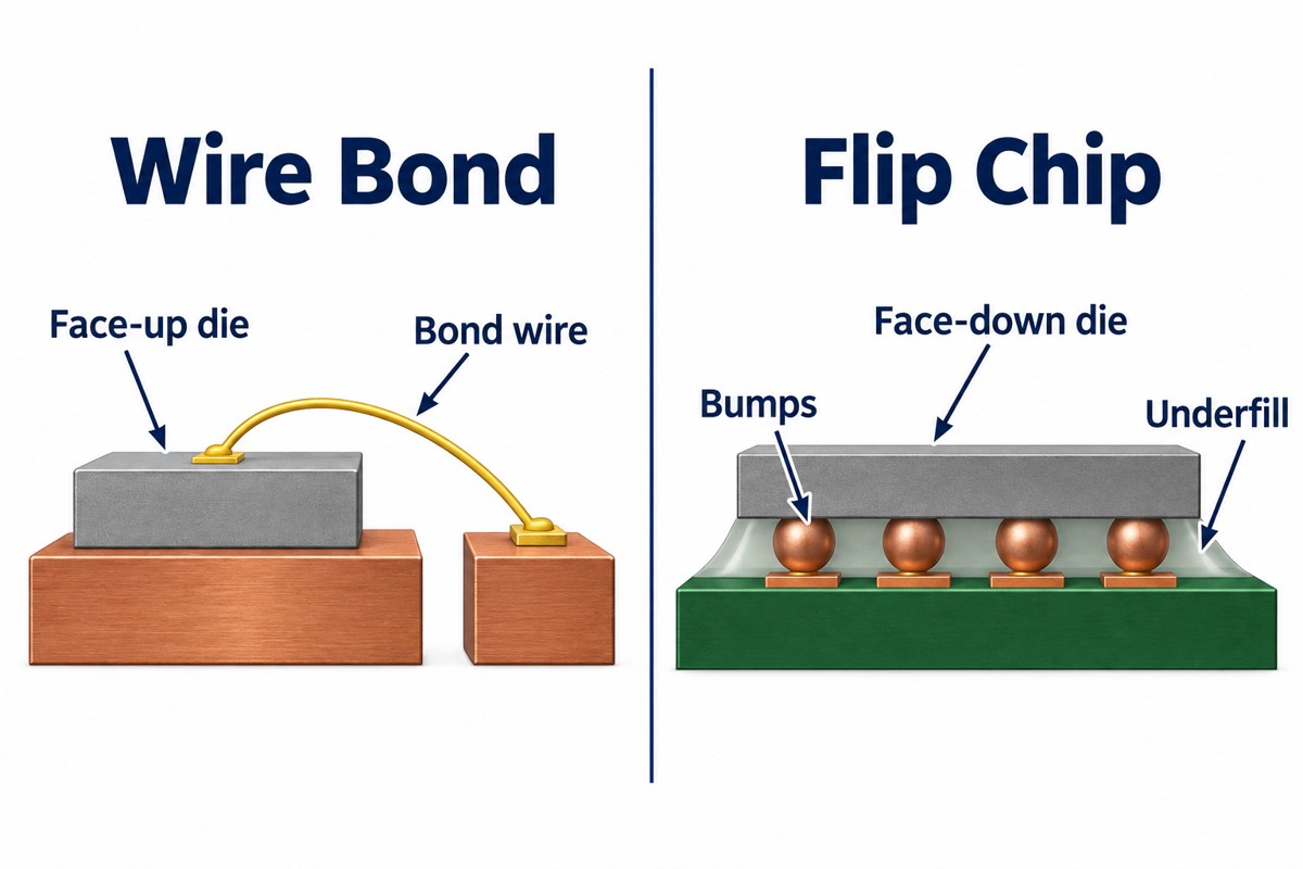 Wire bonding and flip chip compared by die orientation and internal connection method
