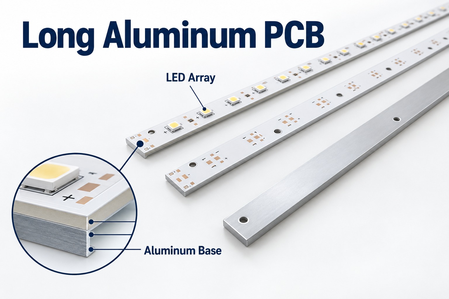 Long aluminum LED PCBs showing LED array and aluminum base