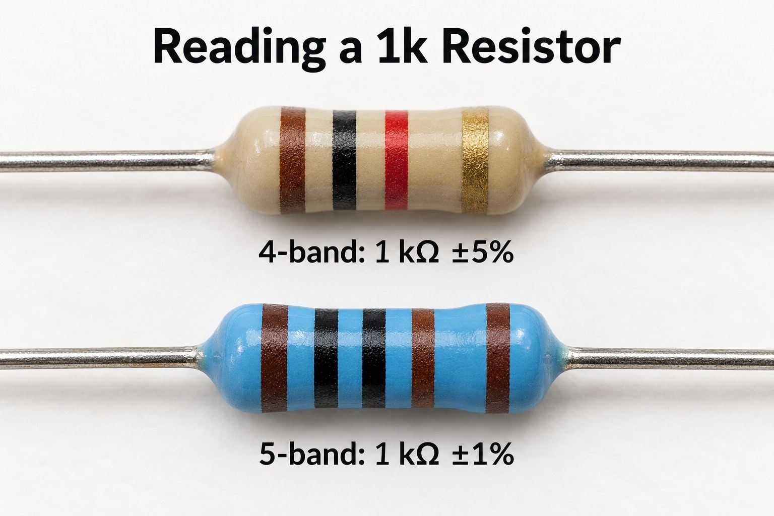 Four-band and five-band 1k resistor color codes
