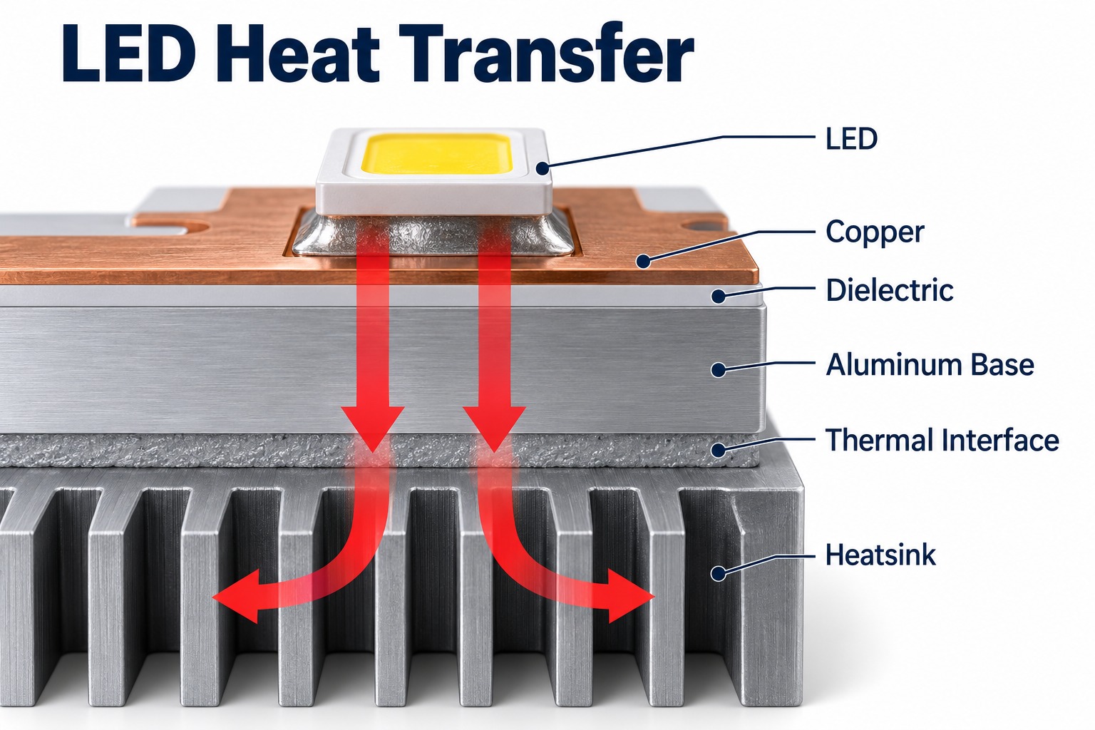 LED heat path through copper dielectric aluminum base thermal interface and heatsink