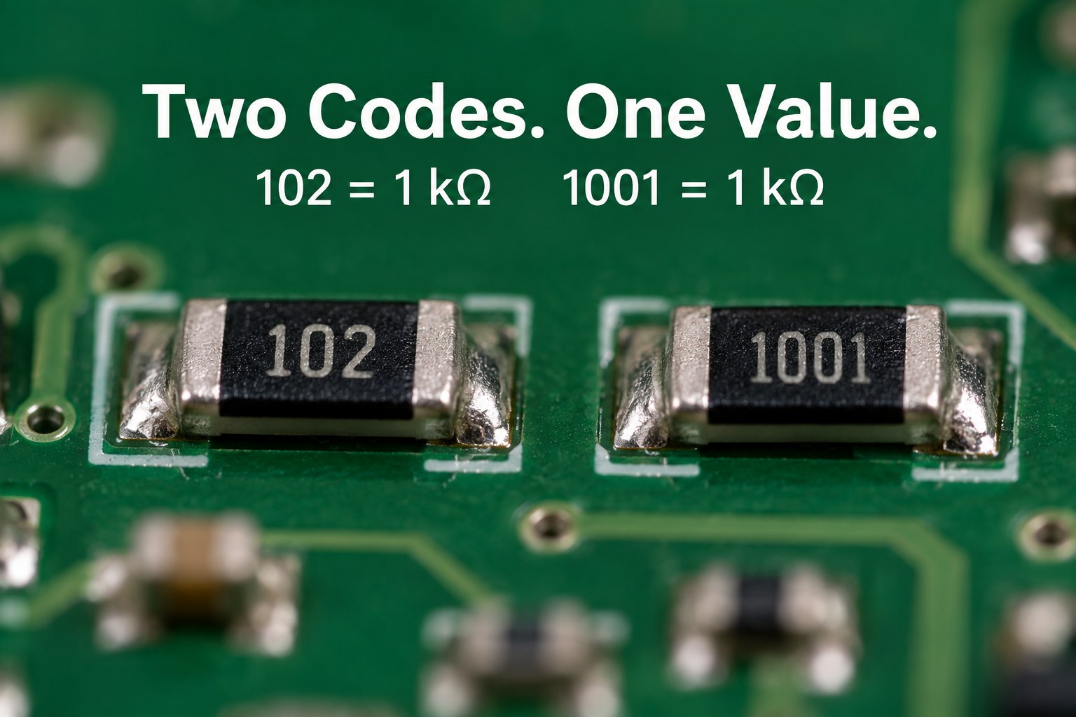 SMD resistor markings 102 and 1001 representing 1 kilohm