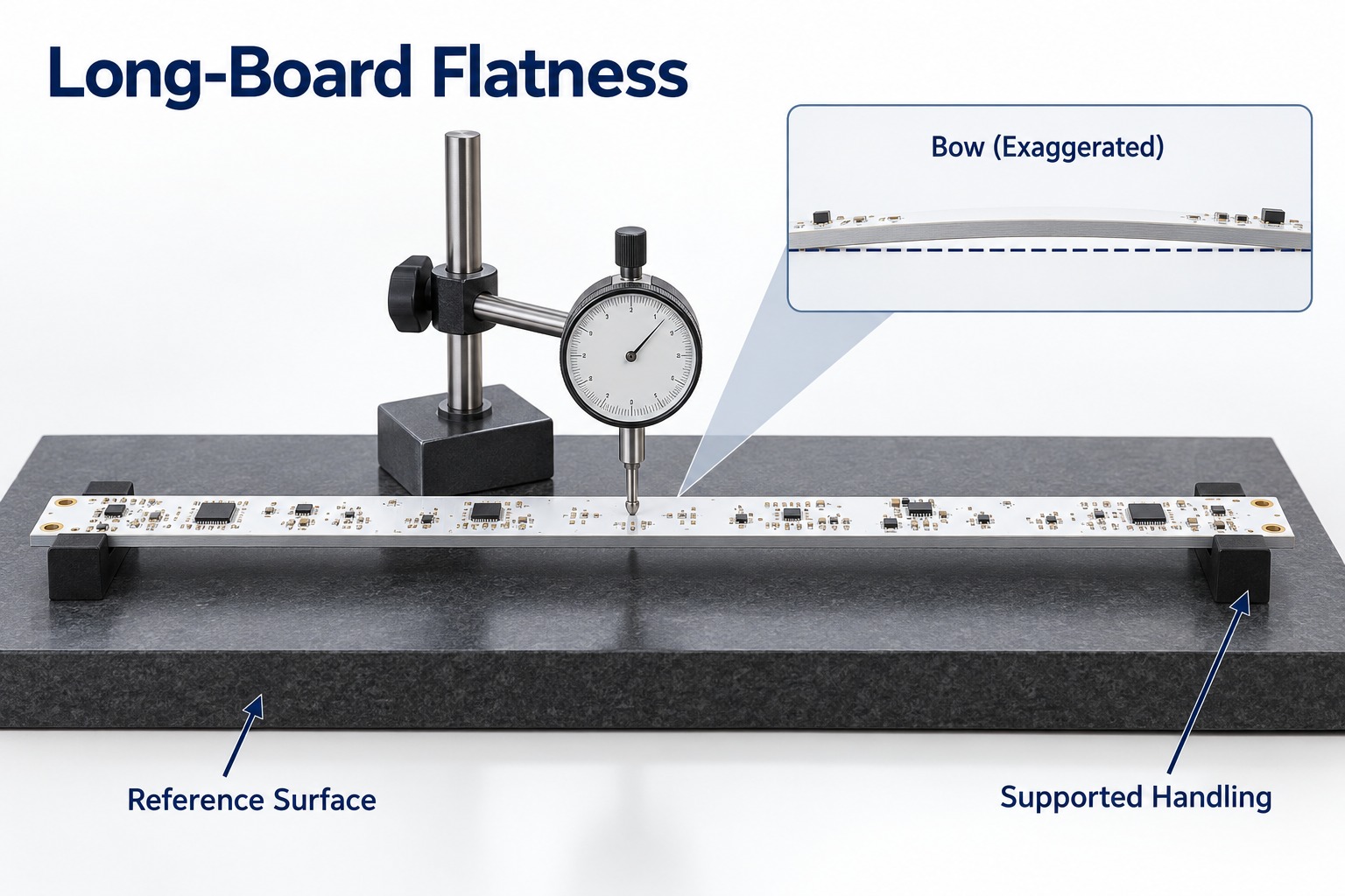 Long aluminum PCB flatness inspection and exaggerated bow