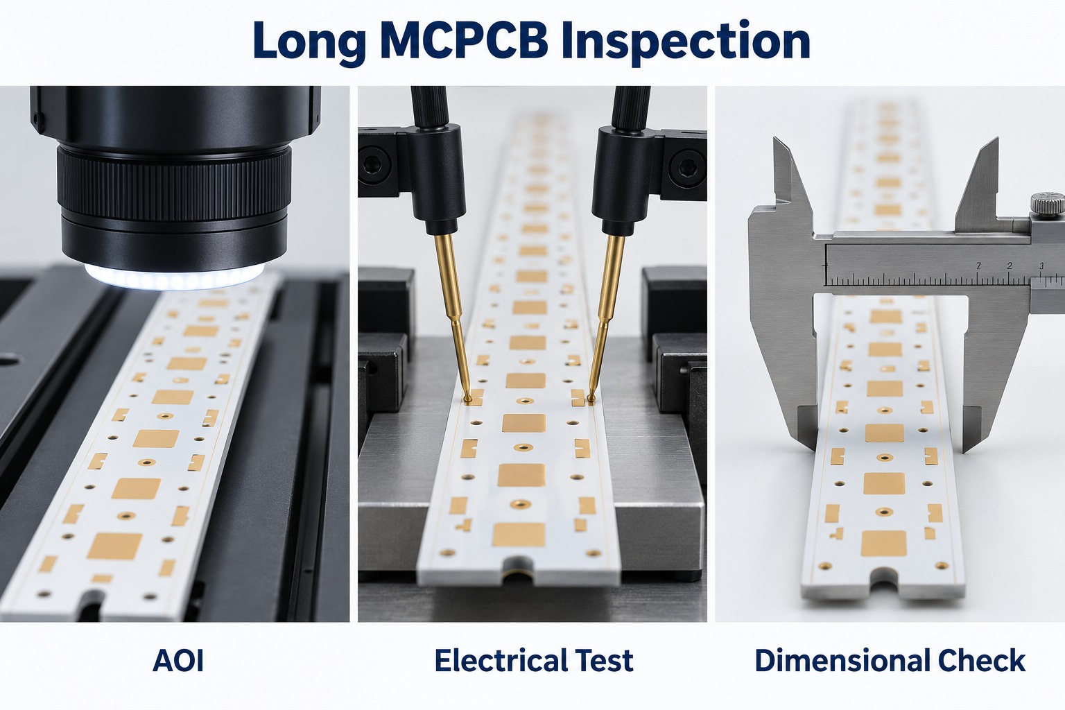 AOI electrical testing and dimensional inspection of long MCPCBs