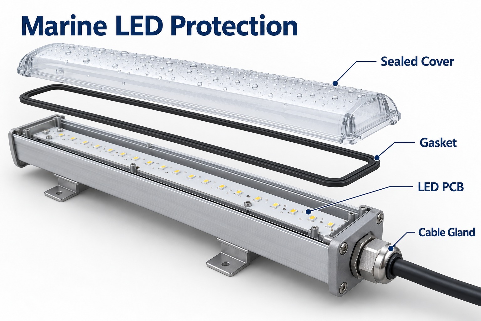 Marine LED luminaire cover gasket board and cable gland