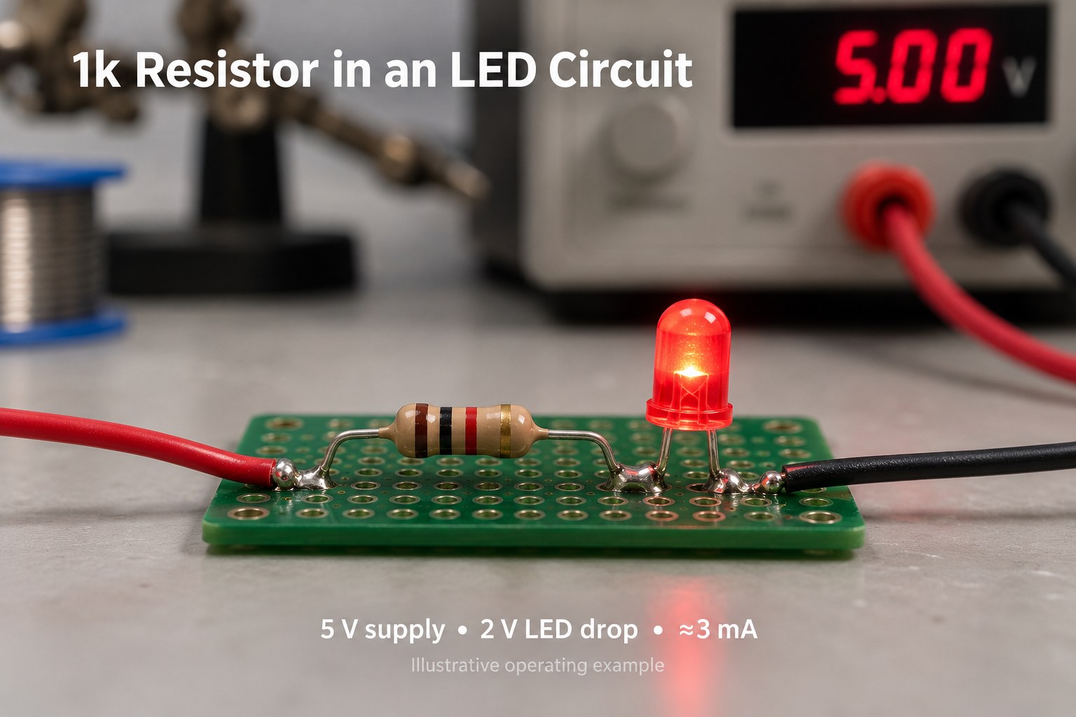 Illustrative 5 volt LED circuit with a 1k current limiting resistor