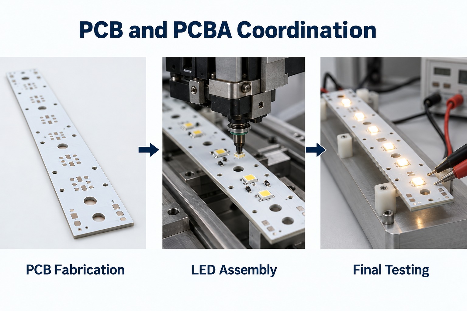 Long aluminum PCB fabrication LED assembly and final testing