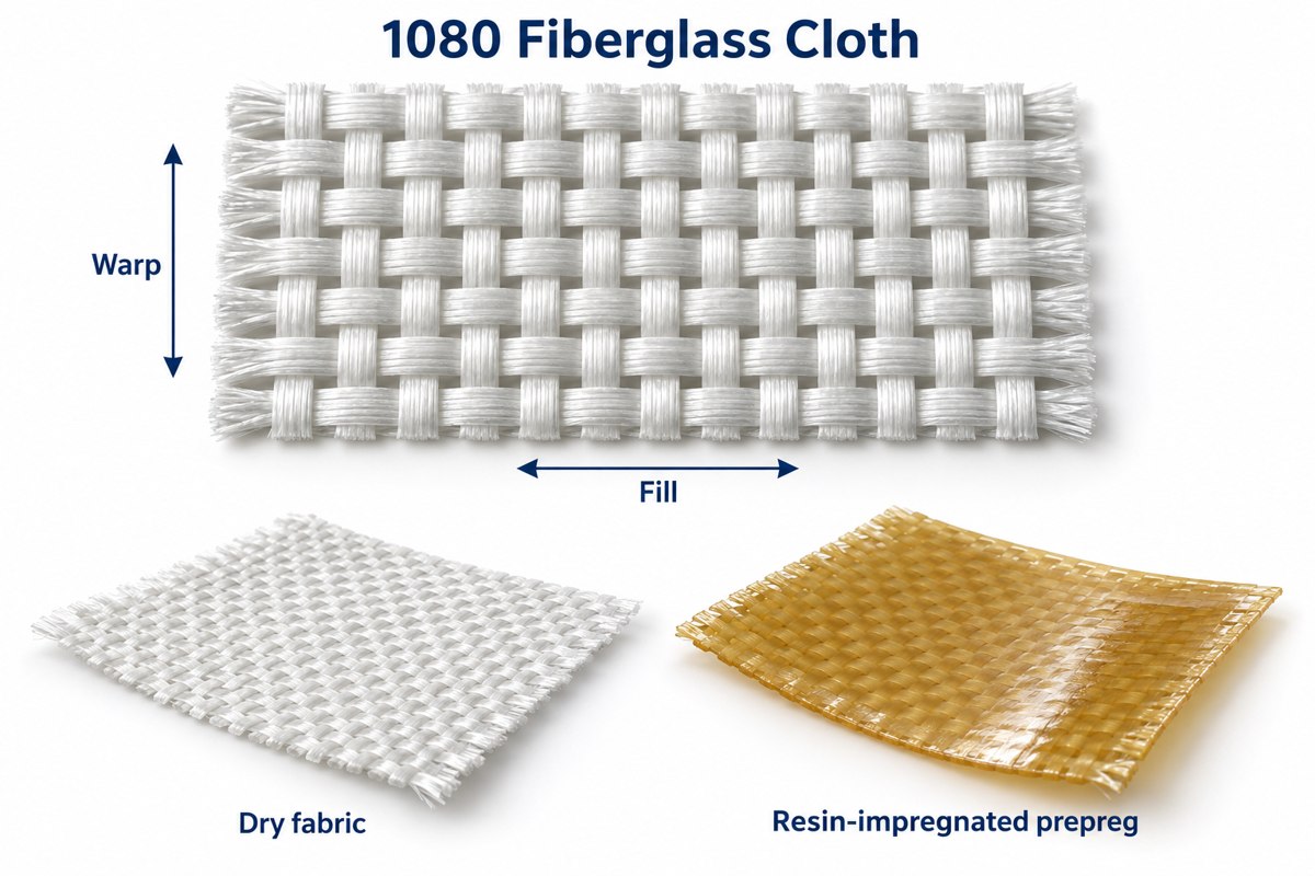 1080 fiberglass weave and separate samples of dry fabric and resin-impregnated prepreg