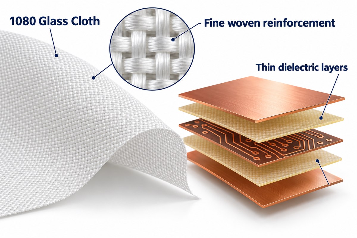 Fine 1080 glass cloth reinforcement beside an exploded thin multilayer PCB stack
