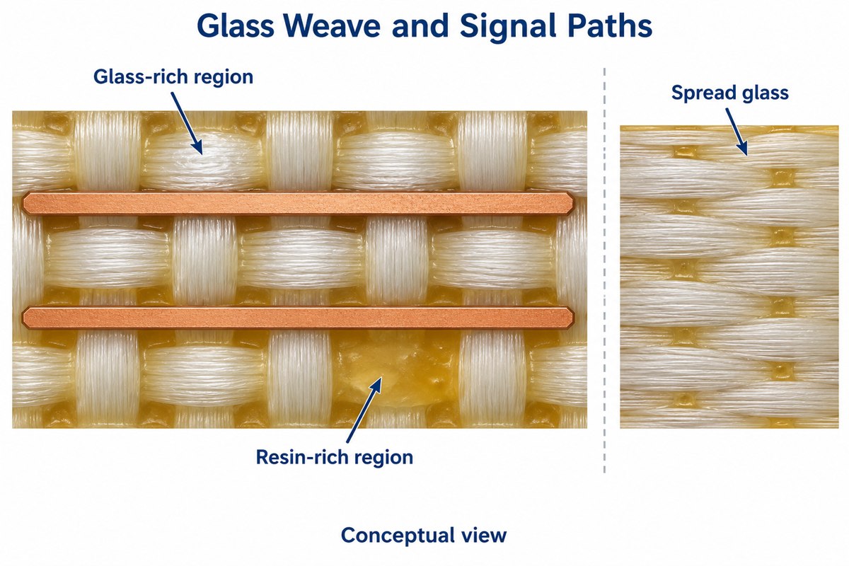 Conceptual trace paths over glass-rich and resin-rich regions, with a spread-glass comparison