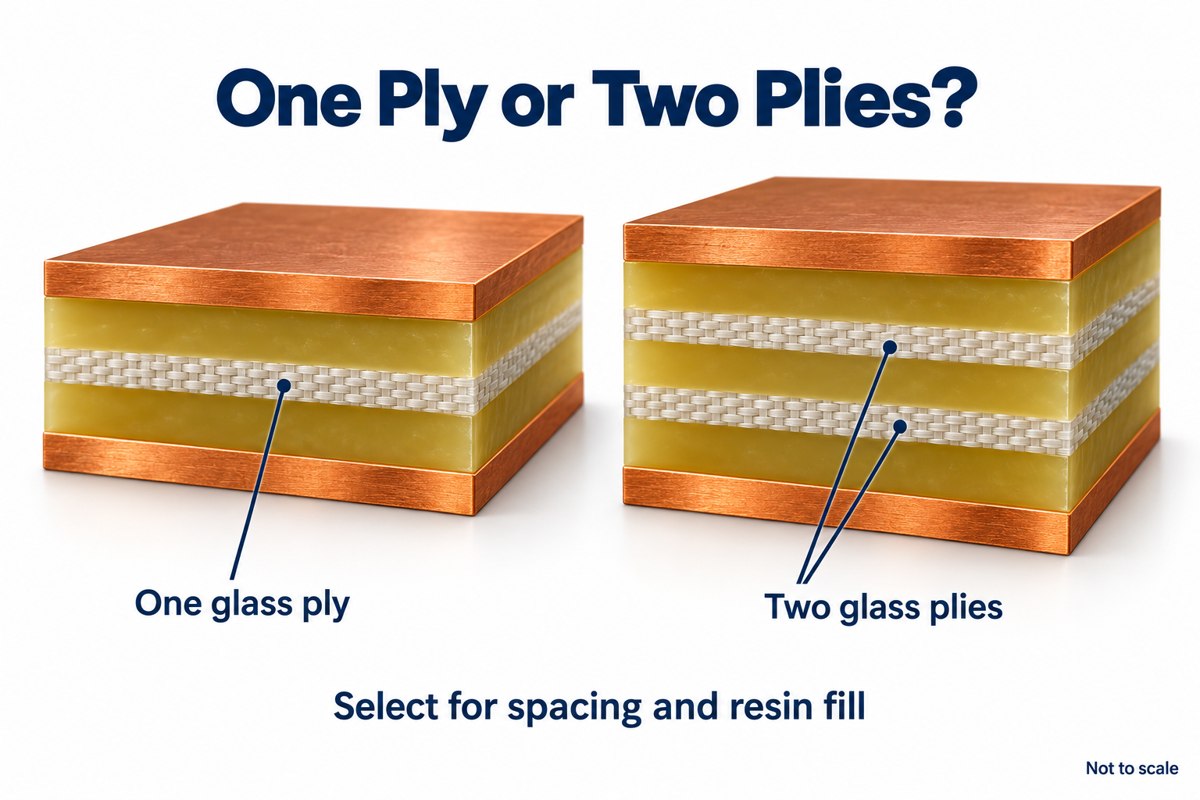 Conceptual comparison of one glass ply and two glass plies within PCB dielectric layers