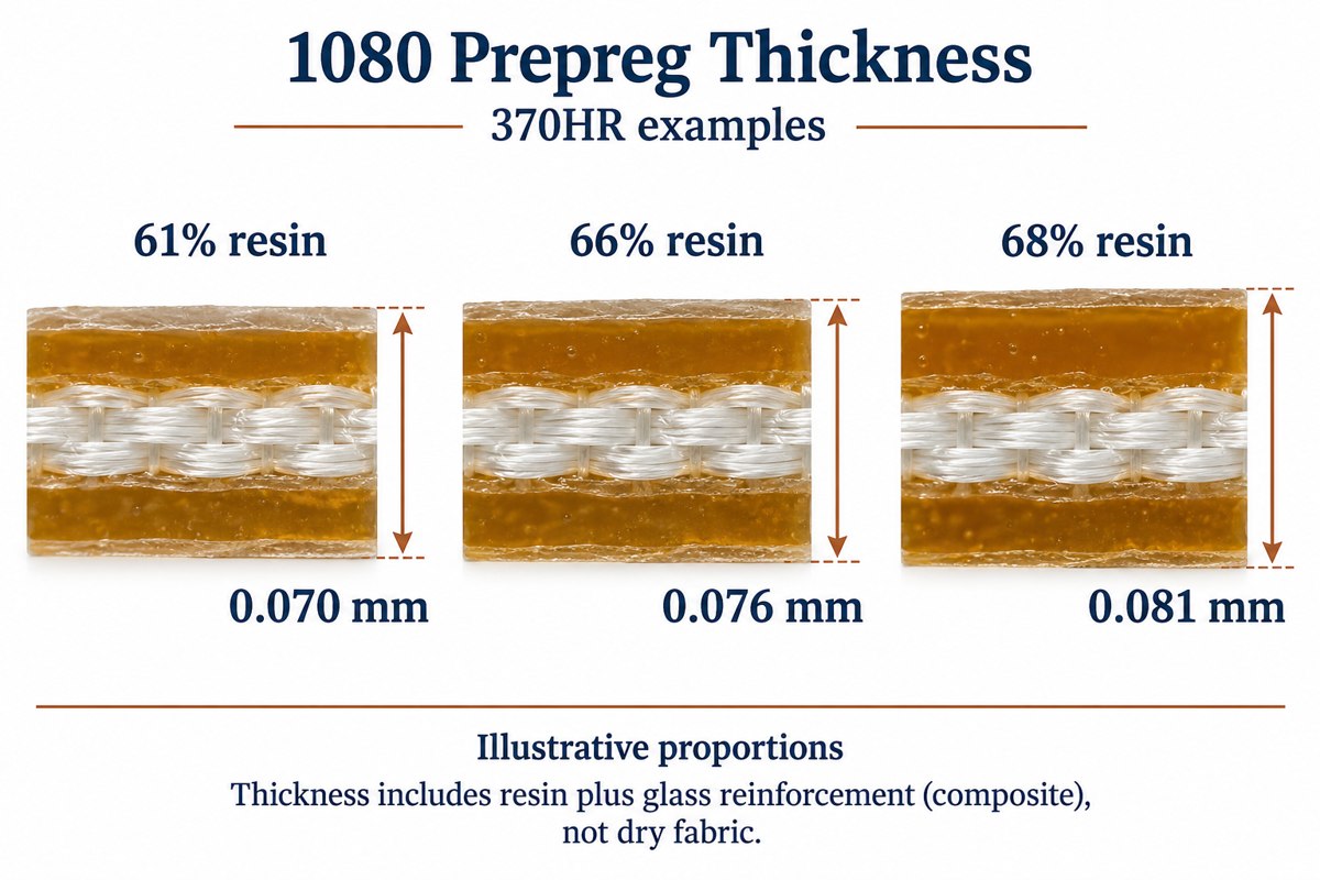 Three Isola 370HR 1080 construction examples showing resin content and listed prepreg thickness