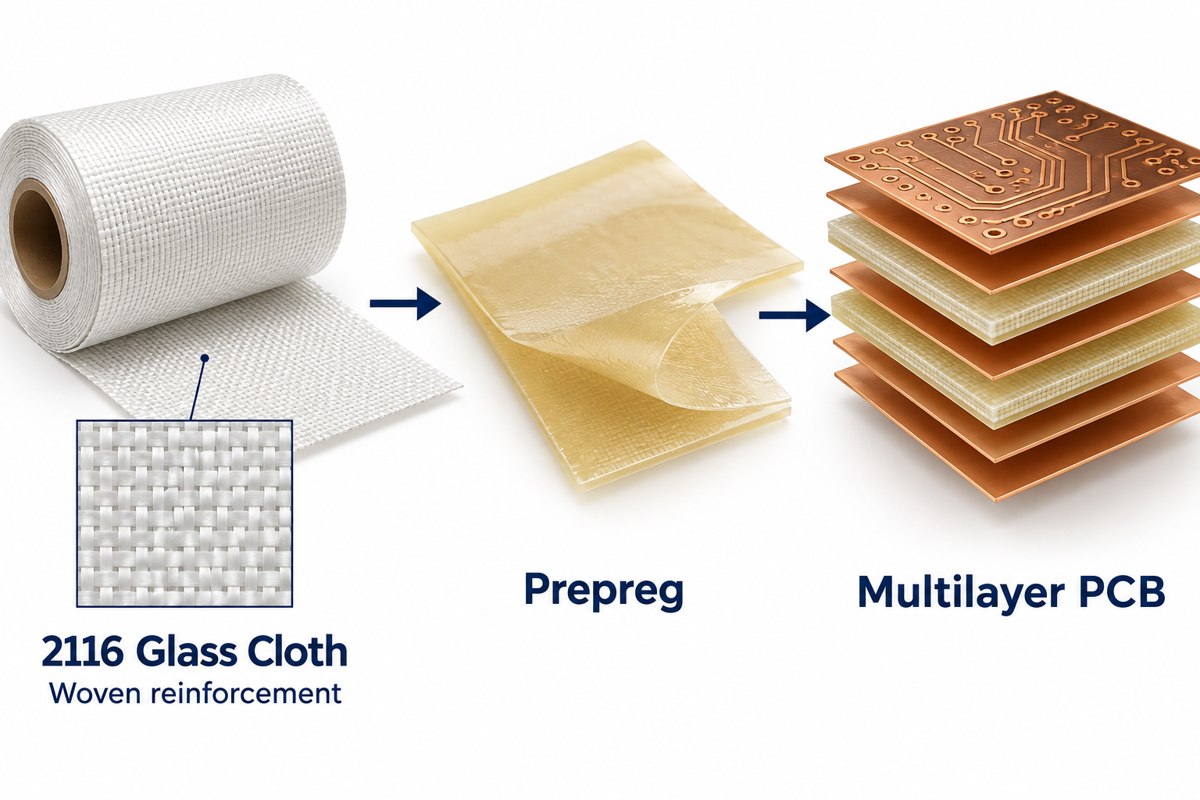 2116 glass cloth, resin-impregnated prepreg and multilayer PCB shown as separate material stages