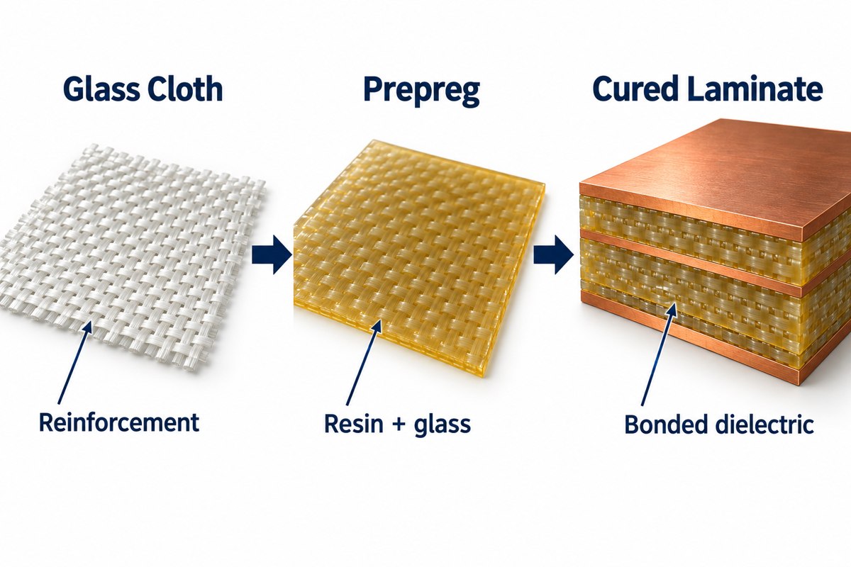 Glass cloth, B-stage prepreg and cured laminate compared in a three-stage illustration