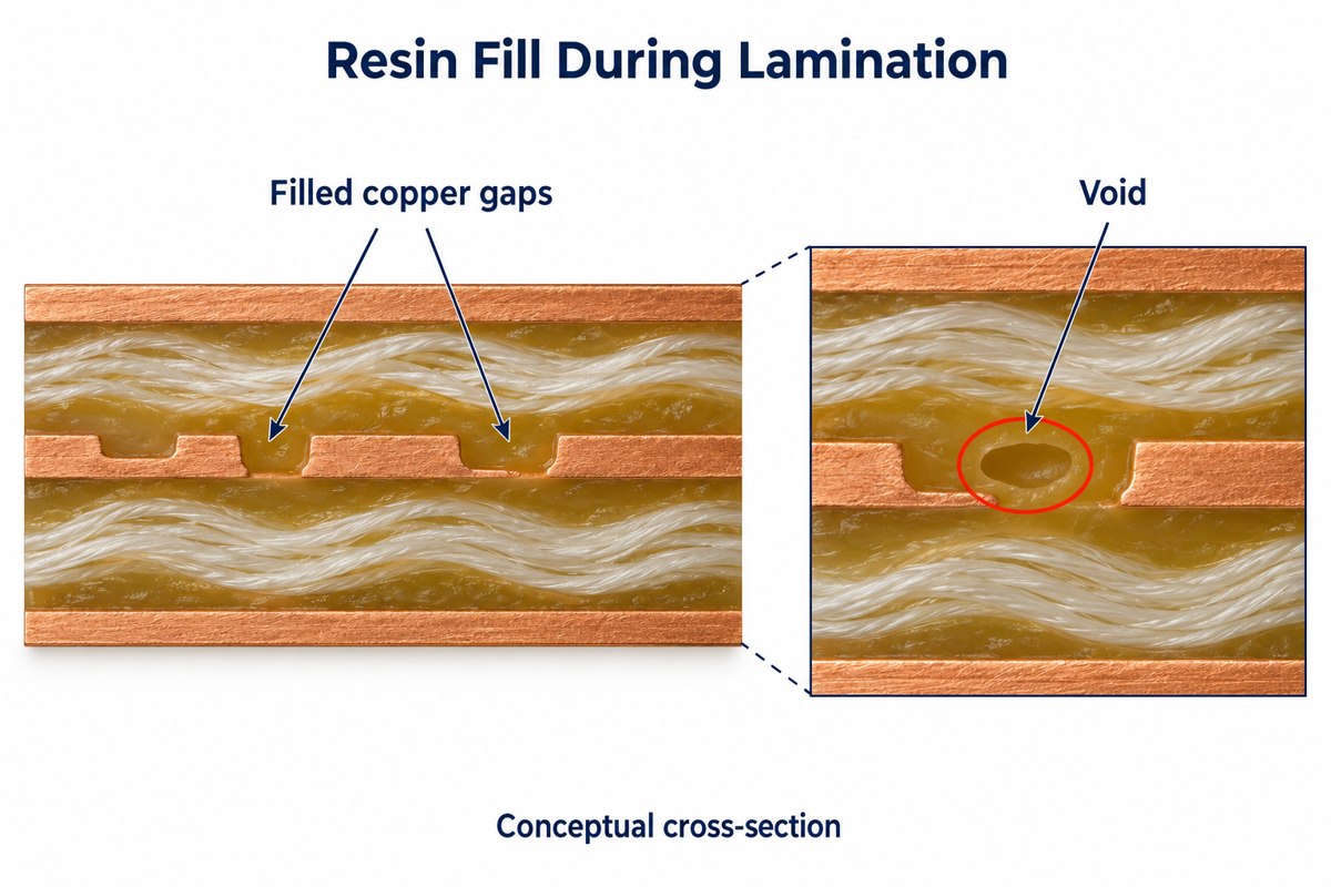 Conceptual PCB cross-sections comparing filled copper gaps with a resin void